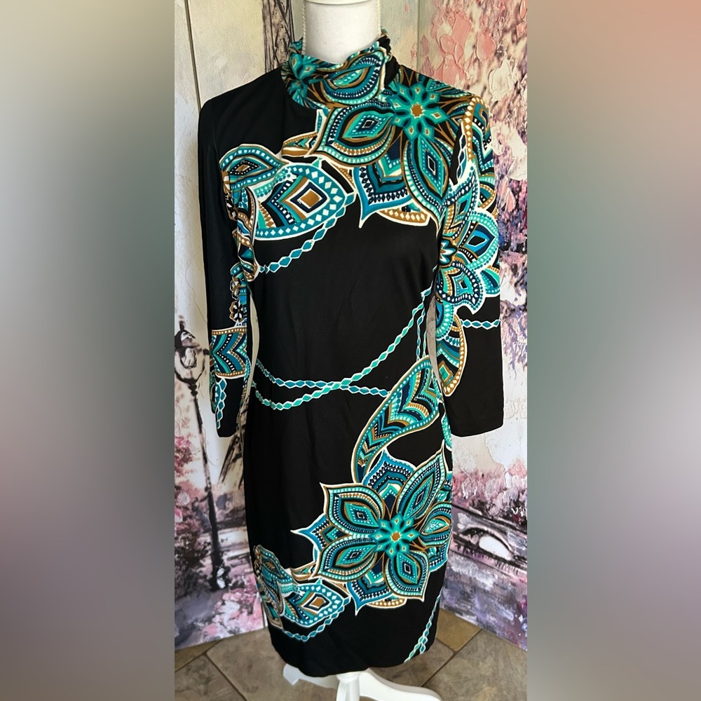Cache - Elegant Black and Teal Patterned Mock Neck Dress. Size 6